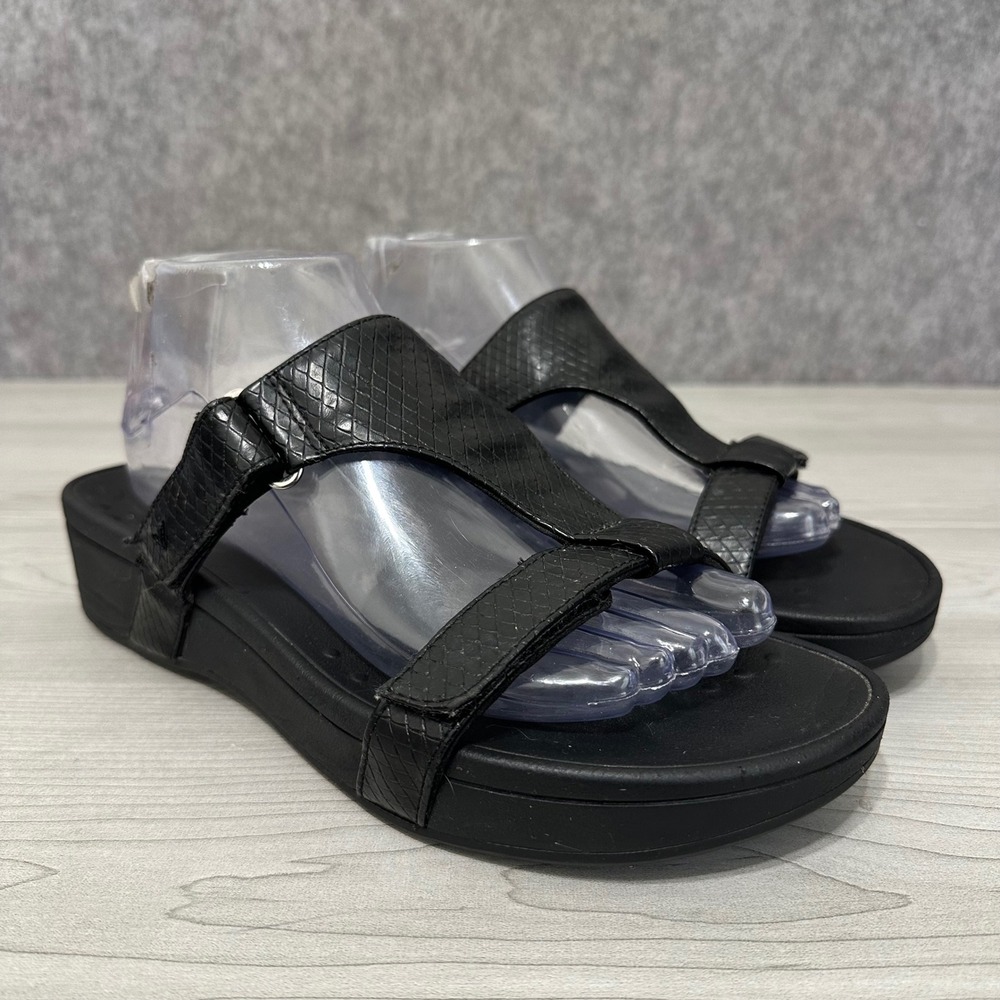 Vionic Ellie Wedge Sandals Womens 10 Black Snake‎ Embossed Hook Loop Strappy
